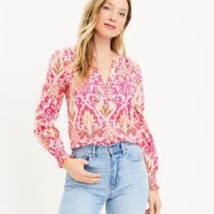 LOFT Paisley Smocked Cuff V-neck Button Top - XL